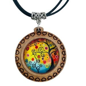 Multi Color Textured Wooden Pendant Necklace